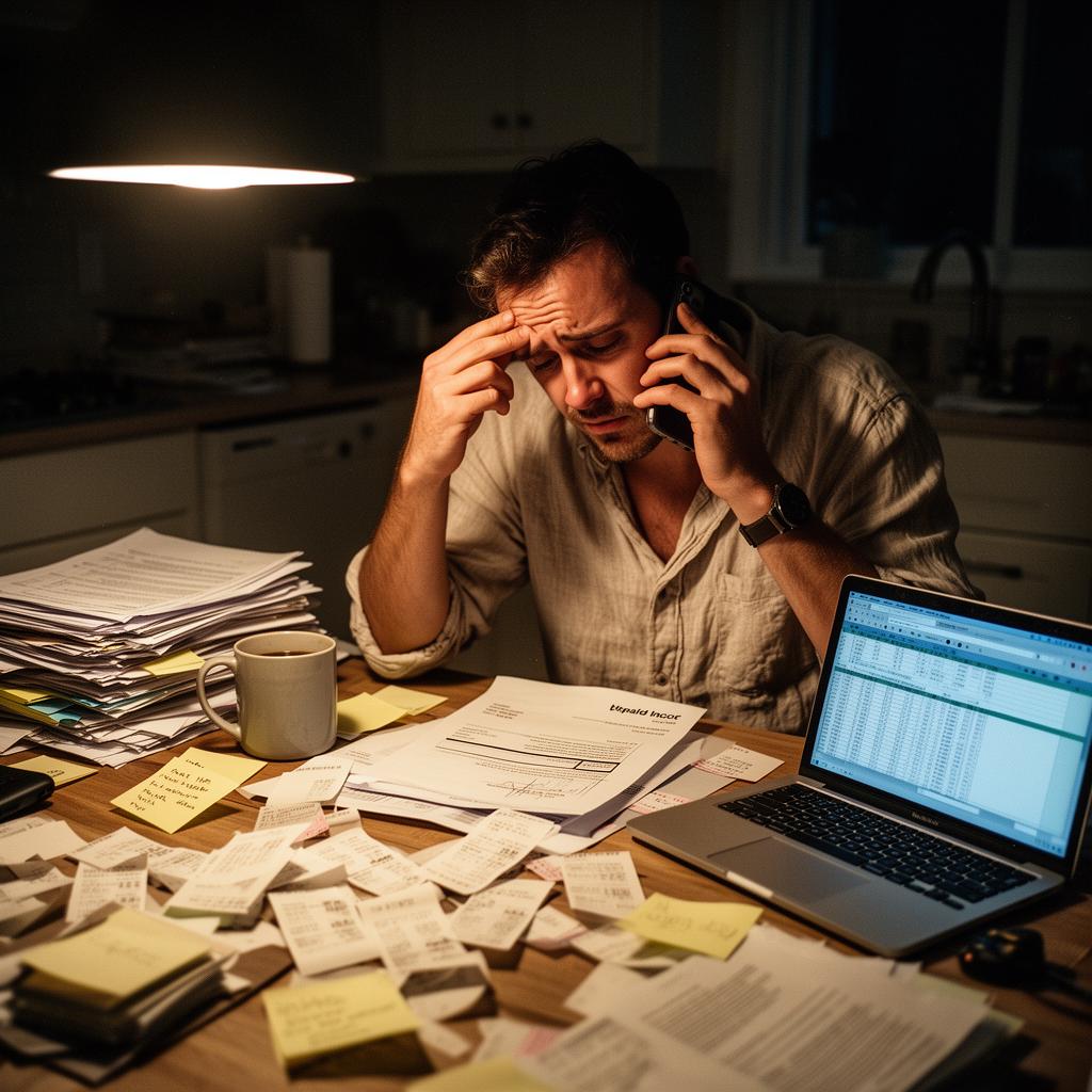 An overwhelmed owner self-managing a rental property late at night, surrounded by paperwork and receipts